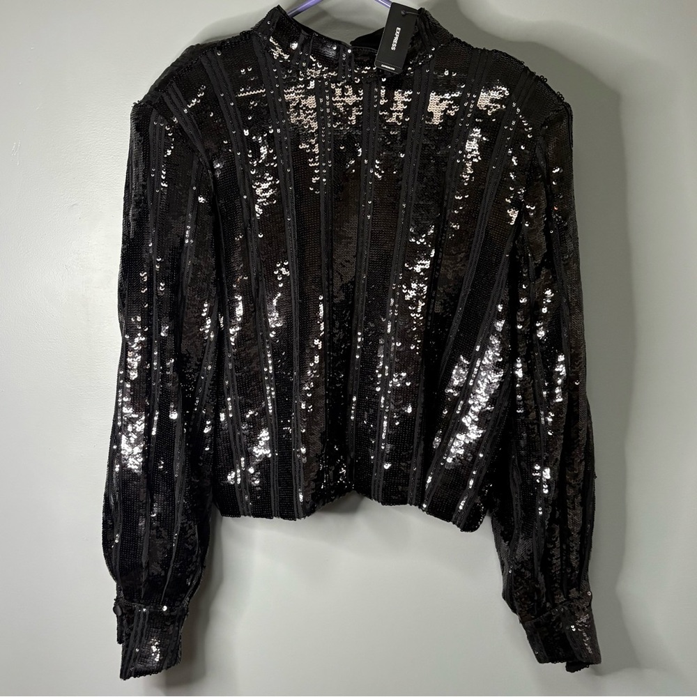 Express | NWT Black Sequins Long Sleeve Blouse Size Large Evening Wear Party